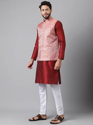 Red weaving work jacquard silk kurta koti set with pyjama 4
