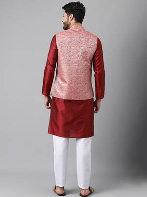 Red weaving work jacquard silk kurta koti set with pyjama 5
