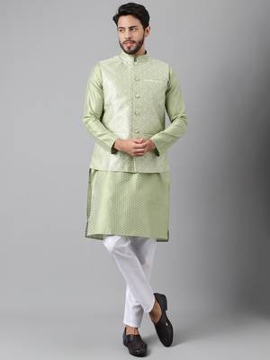 Mehandi green weaving work jacquard silk kurta koti set with pyjama 3