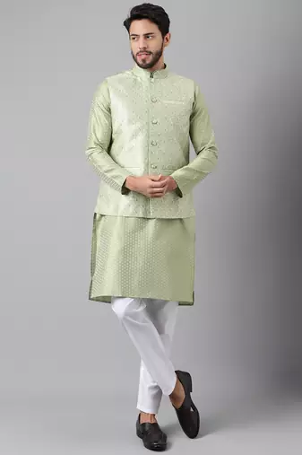 Mehandi green weaving work jacquard silk kurta koti set with pyjama