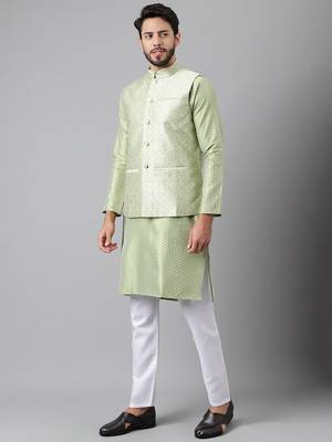 Mehandi green weaving work jacquard silk kurta koti set with pyjama 4