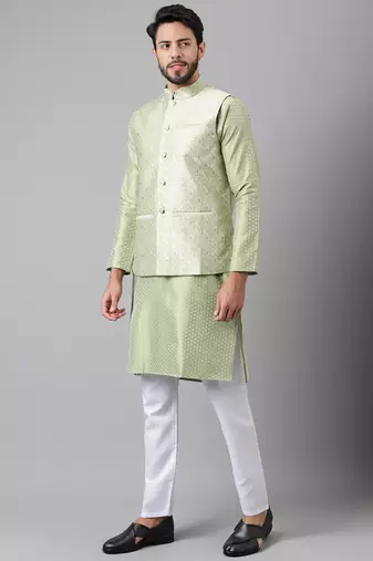 Mehandi green weaving work jacquard silk kurta koti set with pyjama