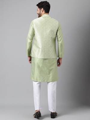 Mehandi green weaving work jacquard silk kurta koti set with pyjama 5