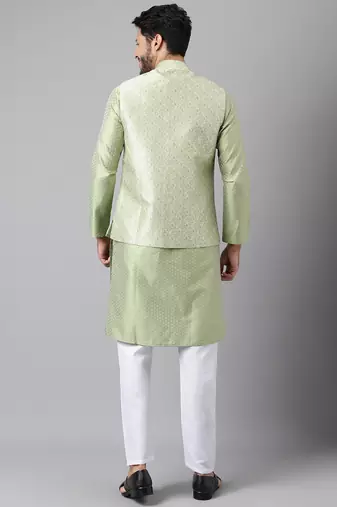 Mehandi green weaving work jacquard silk kurta koti set with pyjama