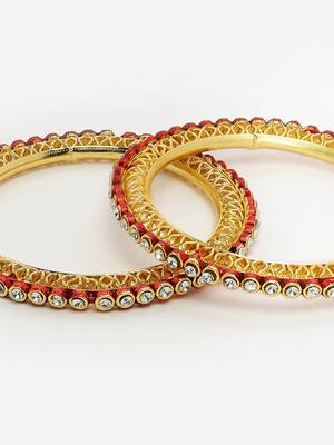 Sasha "exquisite gold-plated bangles pair with intricate jali design red tone and cz stones 4