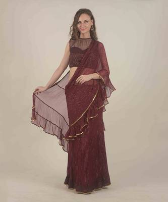  Wine skirt saree with ruffle detail  1