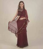  Wine skirt saree with ruffle detail 