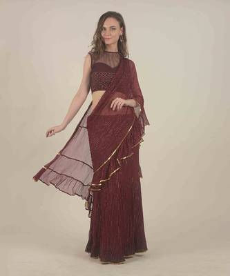  Wine skirt saree with ruffle detail  2
