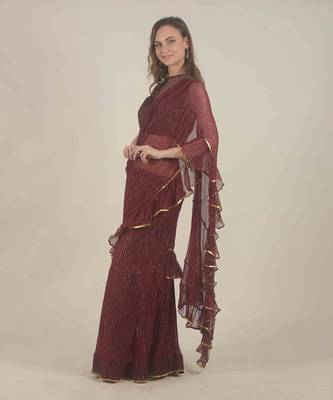  Wine skirt saree with ruffle detail  3