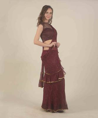  Wine skirt saree with ruffle detail  4