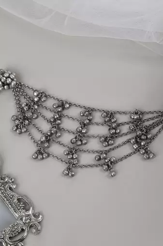 Silver oxidized indian ghungroo multilayer hair jewelry antique design head jewelry for women unique traditional jewelry