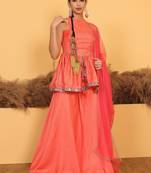 Ethnovog Ready To Wear Peach Embroidered Art Silk Palazzo Suit