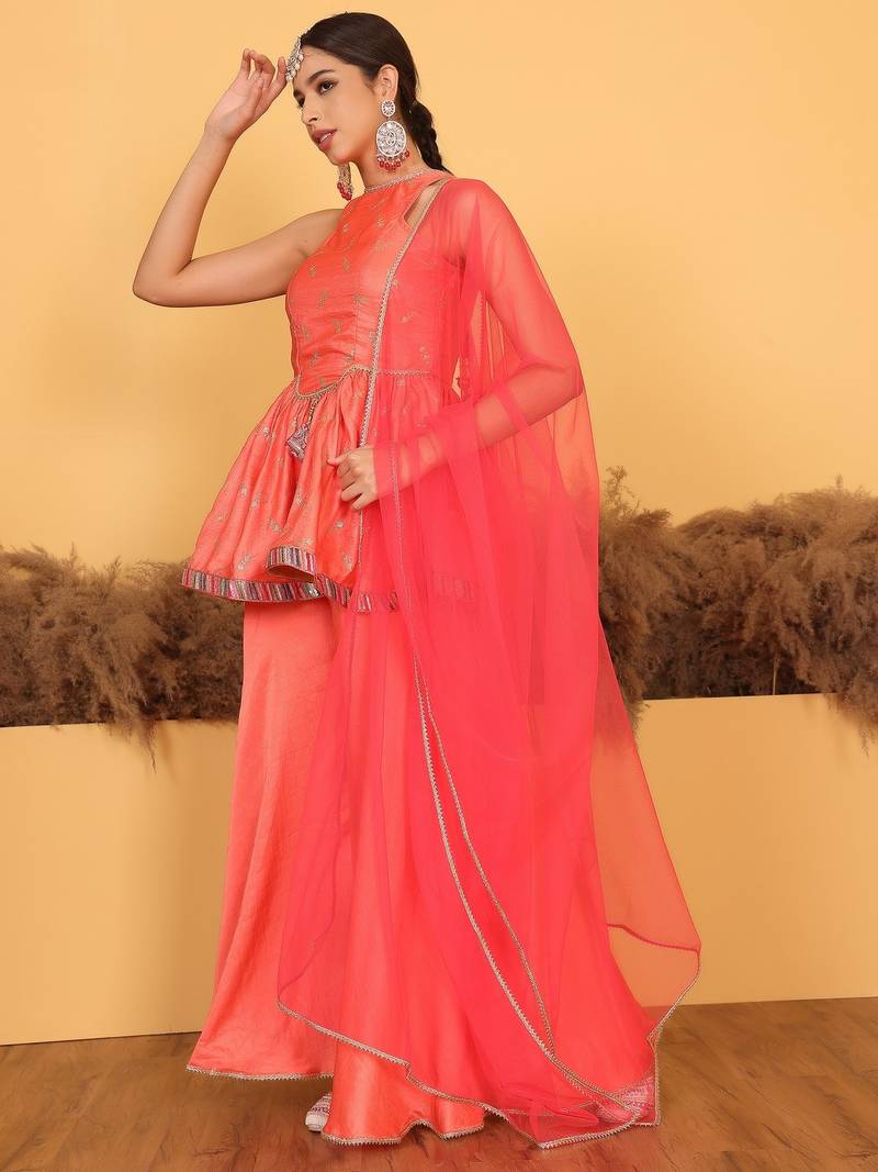 Ethnovog Ready To Wear Peach Embroidered Art Silk Palazzo Suit
