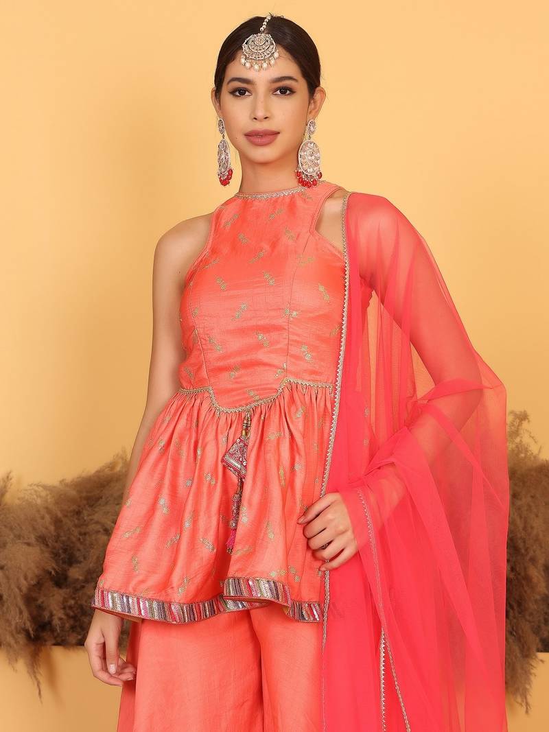 Ethnovog Ready To Wear Peach Embroidered Art Silk Palazzo Suit