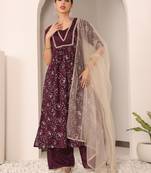 Ethnovog Ready To Wear Wine Embroidered Chinon Straight Suit