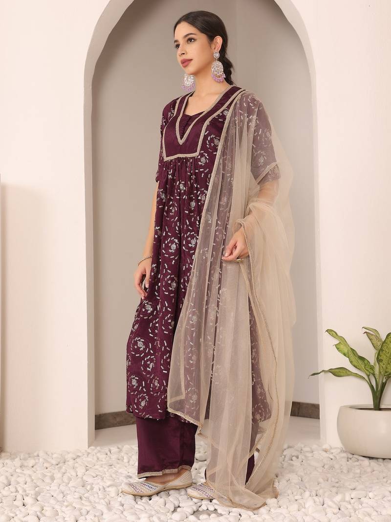 Ethnovog Ready To Wear Wine Embroidered Chinon Straight Suit