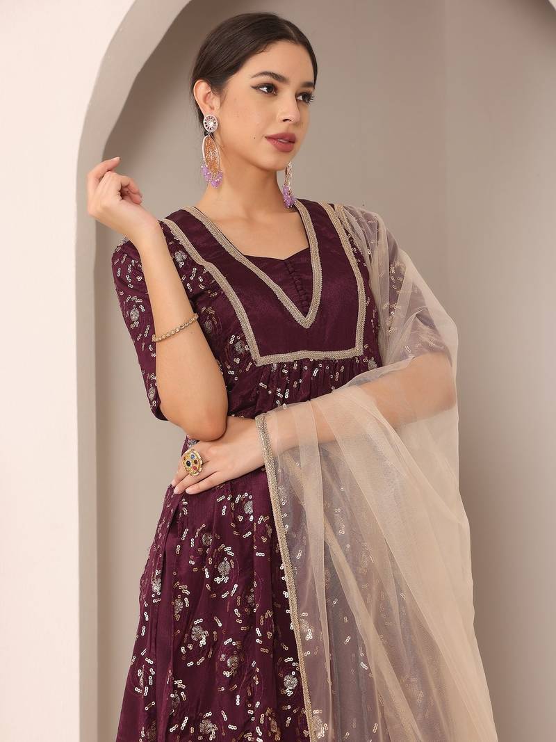 Ethnovog Ready To Wear Wine Embroidered Chinon Straight Suit