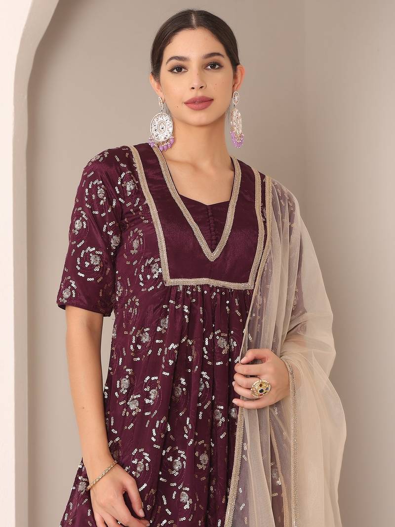 Ethnovog Ready To Wear Wine Embroidered Chinon Straight Suit