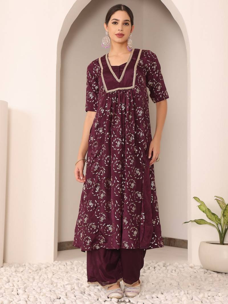 Ethnovog Ready To Wear Wine Embroidered Chinon Straight Suit