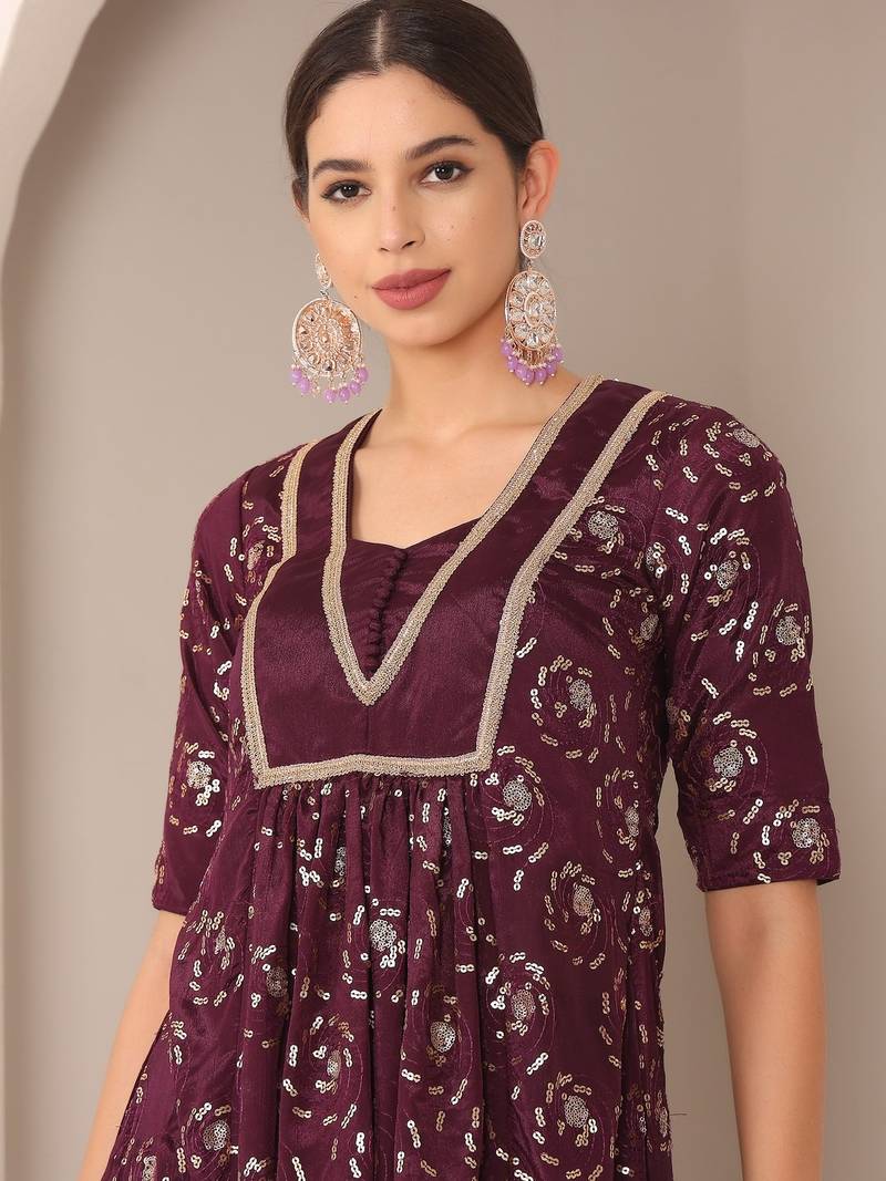 Ethnovog Ready To Wear Wine Embroidered Chinon Straight Suit