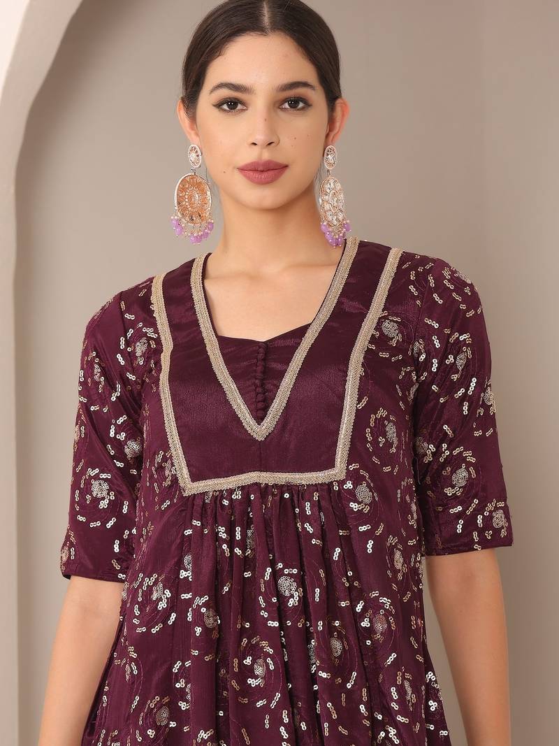 Ethnovog Ready To Wear Wine Embroidered Chinon Straight Suit