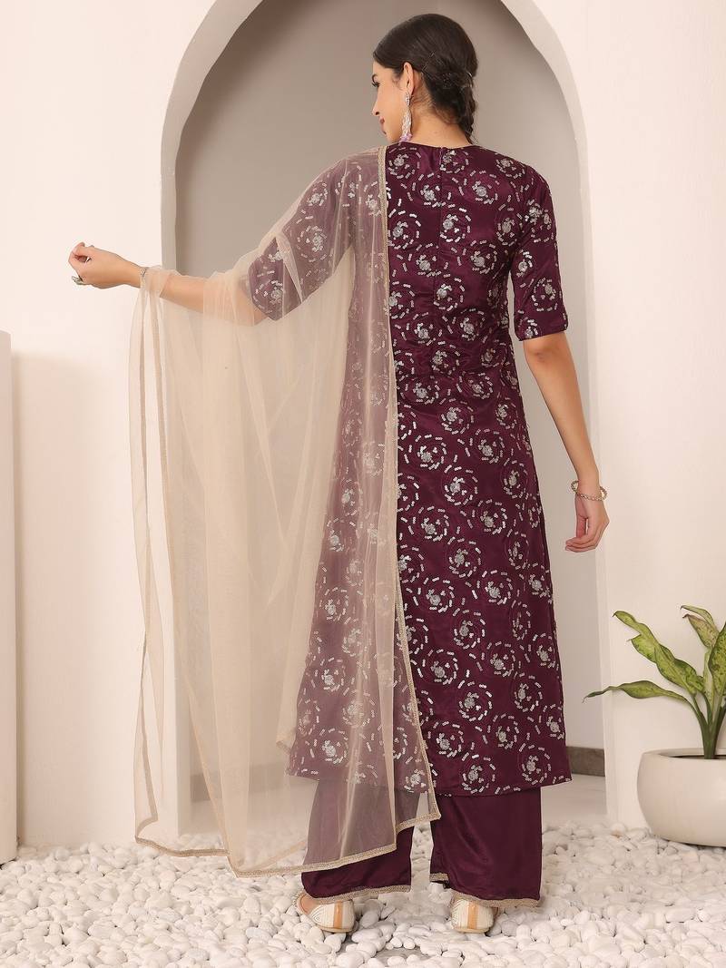 Ethnovog Ready To Wear Wine Embroidered Chinon Straight Suit