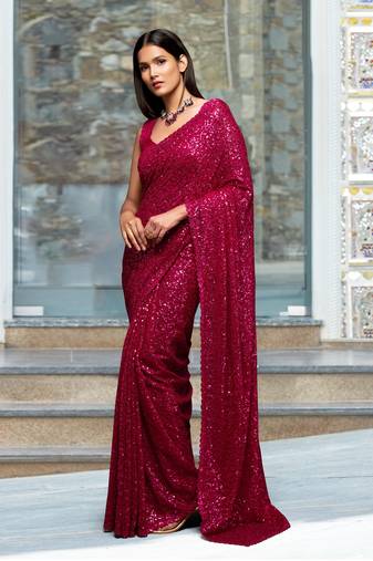 Pink Sequins Embroidery Work Party Wear Saree 