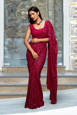 Trendmalls Pink Sequins Embroidery Work Party Wear Saree  3