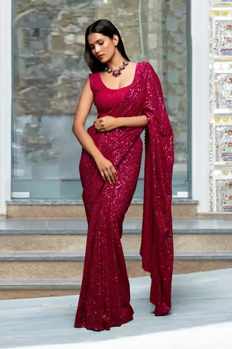 Trendmalls Pink Sequins Embroidery Work Party Wear Saree 