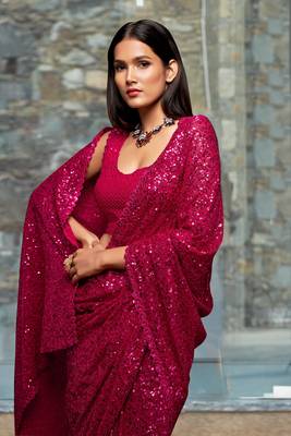 Trendmalls Pink Sequins Embroidery Work Party Wear Saree  4