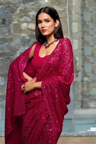 Trendmalls Pink Sequins Embroidery Work Party Wear Saree 