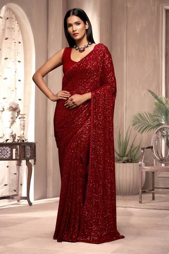 Red Georgette Sequins Heavy Embroidery Work Saree