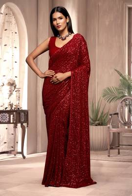 Red Georgette Sequins Heavy Embroidery Work Saree 1