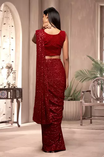 Trendmalls Red Georgette Sequins Heavy Embroidery Work Saree