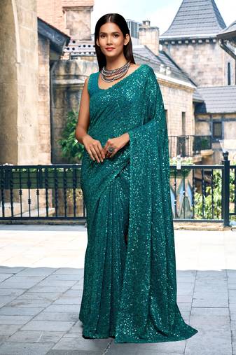  Morpeach Teal Georgette Sequins Embroidered Saree With Blouse Piece