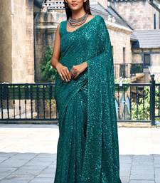  Morpeach Teal Georgette Sequins Embroidered Saree With Blouse Piece