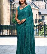  Morpeach Teal Georgette Sequins Embroidered Saree With Blouse Piece