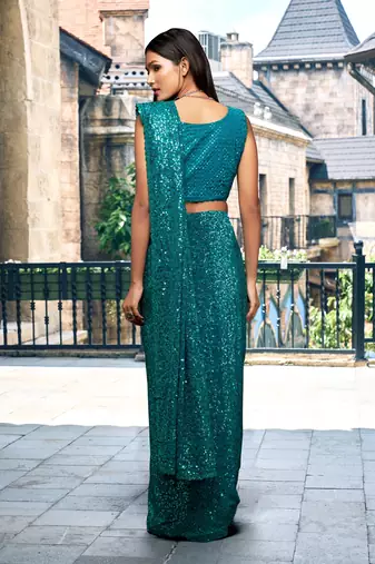 Trendmalls  Morpeach Teal Georgette Sequins Embroidered Saree With Blouse Piece
