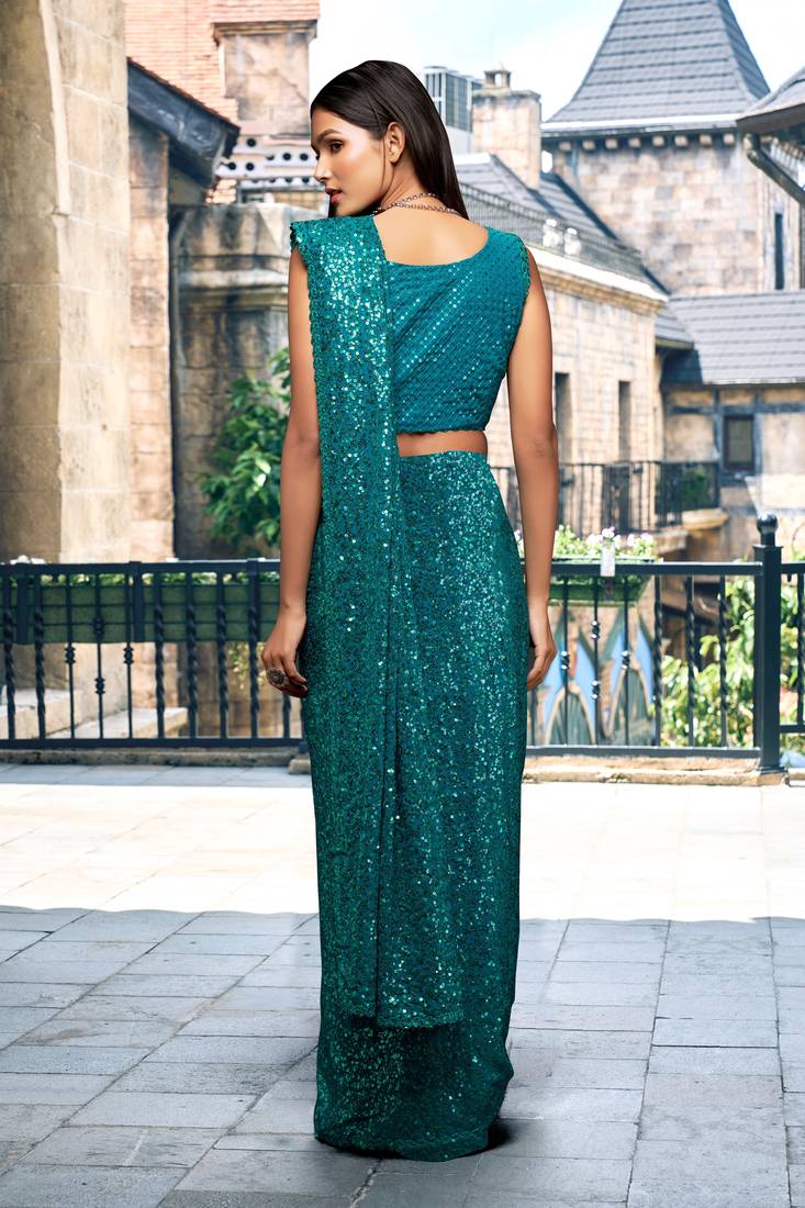 Morpeach Teal Georgette Sequins Embroidered Saree With Blouse Piece
