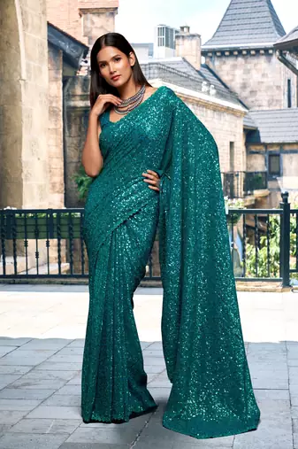 Trendmalls  Morpeach Teal Georgette Sequins Embroidered Saree With Blouse Piece