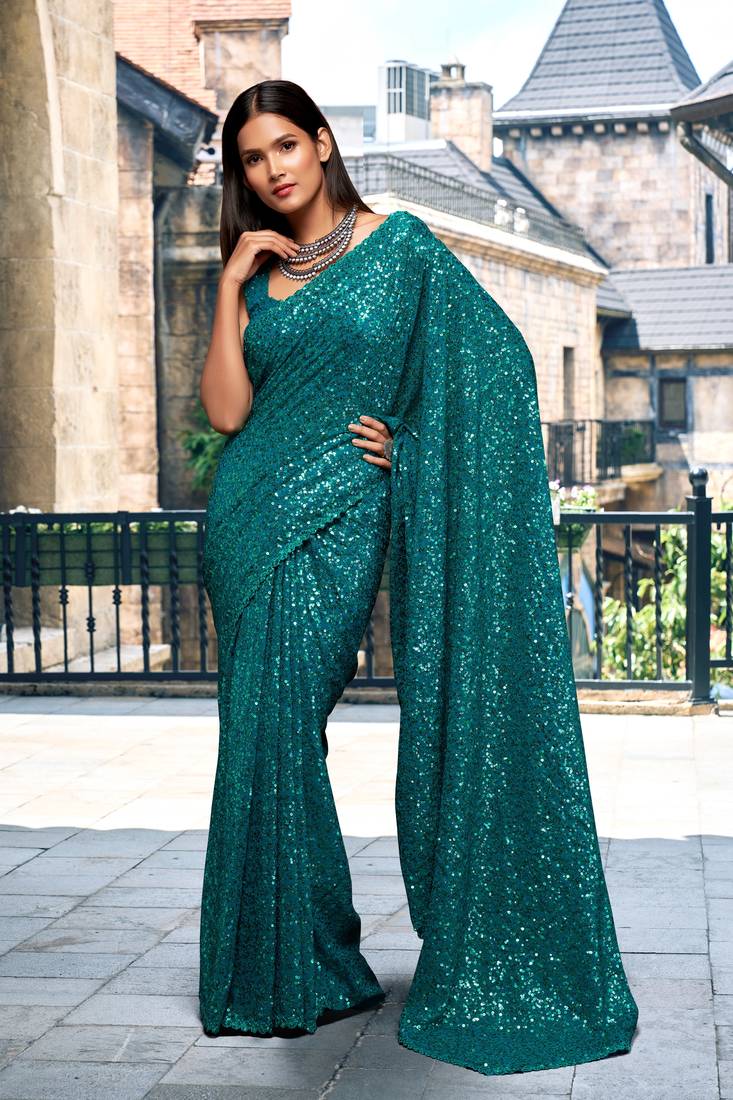  Morpeach Teal Georgette Sequins Embroidered Saree With Blouse Piece