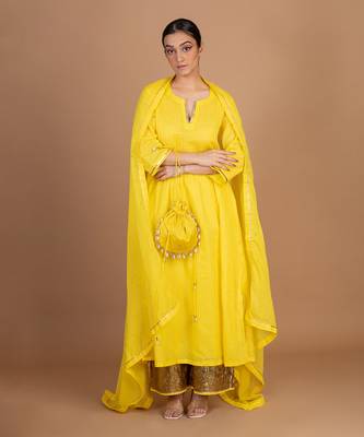 Yellow a-line kurta set 3