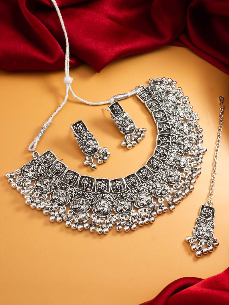 Latest trendy silver plated oxidised temple jewellery set