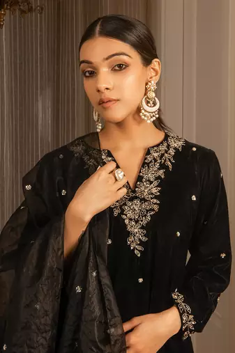 Embroidered Velvet Kurta Set