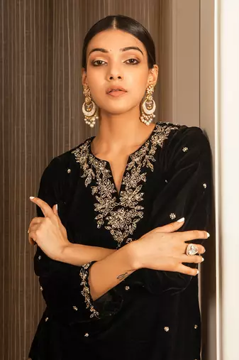 Embroidered Velvet Kurta Set