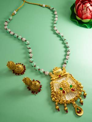 Latest gold plated handmade moti mala jewellery set with pair of matching earrings for women and girls 1