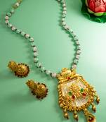 Latest gold plated handmade moti mala jewellery set with pair of matching earrings for women and girls