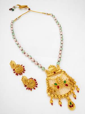 Latest gold plated handmade moti mala jewellery set with pair of matching earrings for women and girls 2
