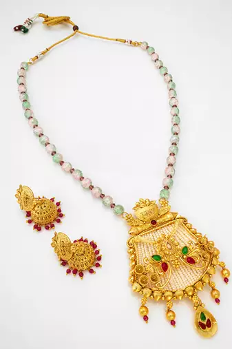 Latest gold plated handmade moti mala jewellery set with pair of matching earrings for women and girls