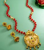 Latest gold plated handmade moti mala jewellery set with pair of matching earrings for women and girls